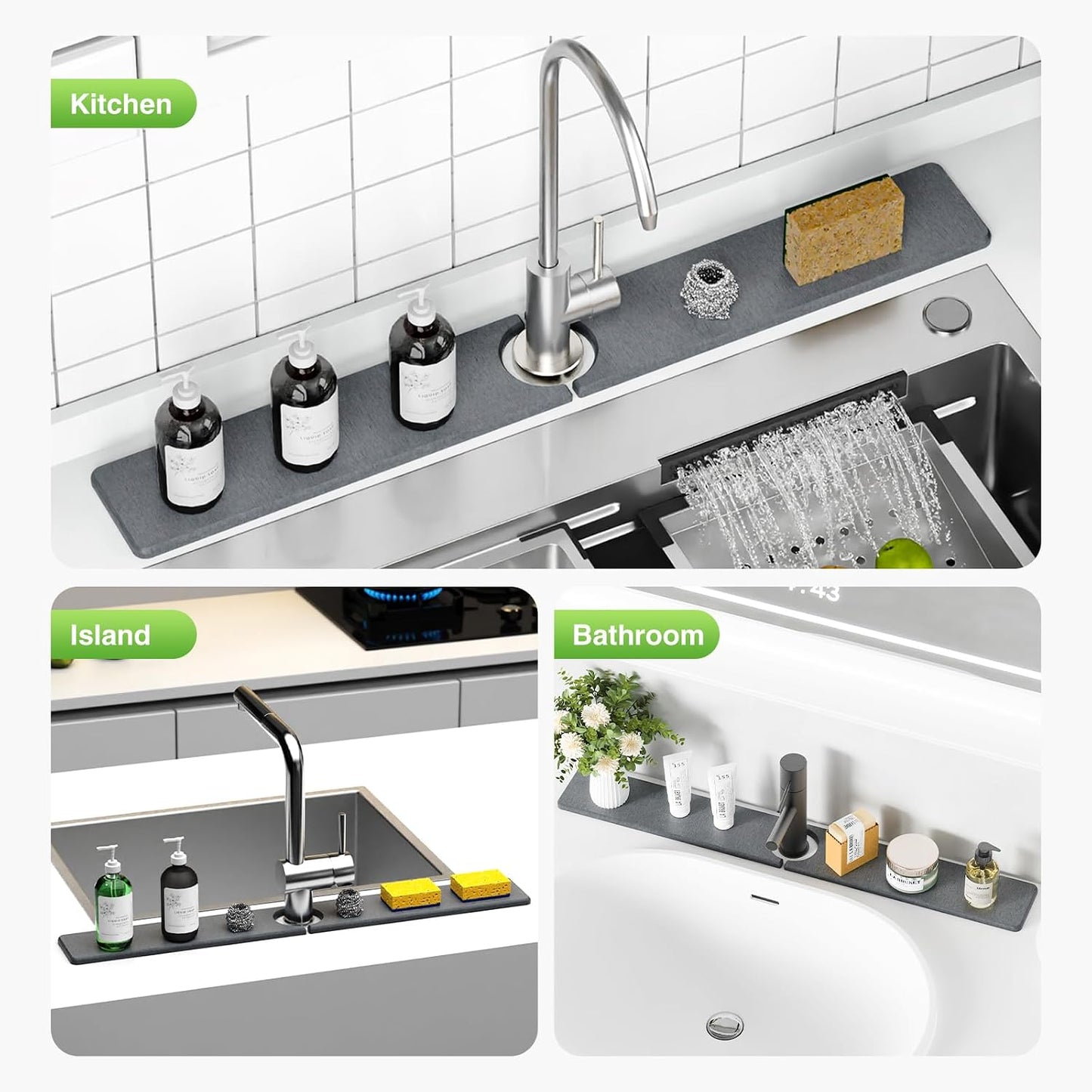 Premium Stone Faucet Mat for Kitchen Sink, 30" x 4" White | Quick Drying & Water Absorbent, Sink Splash Guard Tray for Prevents Moisture Buildup