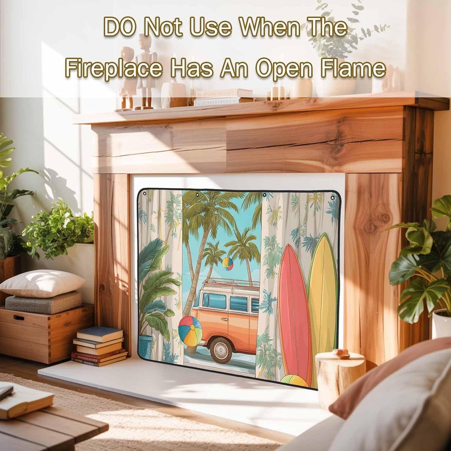 Magnetic Fireplace Cover Tropical Palm Leaves Fireplace Screen Decorative Camper Van Surfboard Balls Insulation Fireplace Blocker Save Energy Fireplace Draft Stopper Covers for Living Room 36x30 Inch