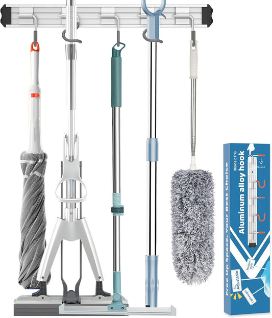 Mop and Broom Holder Wall Mount Garden Tool Rack Organizer | Modern Style, Movable Aluminum Alloy Wall Mounted Hook, Storage Gift for Bathroom, Closet, Laundry Room, Garage, Tool Room