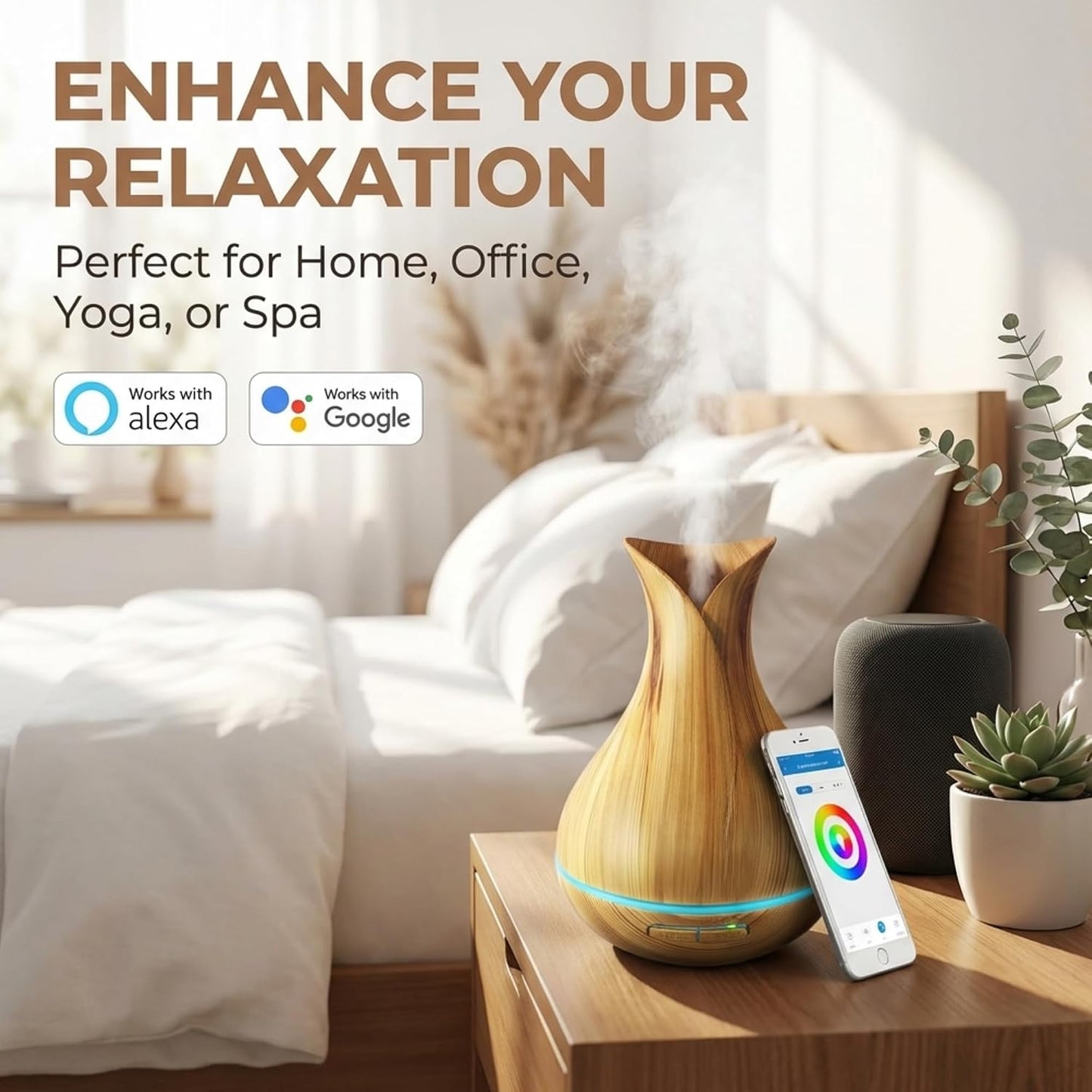 Sierra Modern Home Smart WiFi Humidifier - Aromatherapy Essential Oil Diffusers with App Control & Voice Control - Works with Alexa & Google Home - 400ml Ultrasonic Diffuser & Humidifier - Dark Brown