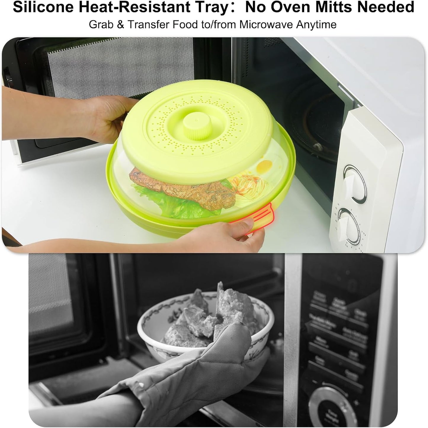 Microwave Splatter Cover for Food with Handle &Heat-Resistant Mat, 10.7" Collapsible Microwave Plate Cover - BPA Free, Dishwasher Safe Food Lid, Multi-Use Colander & Steamer for Meal Prep （Black）