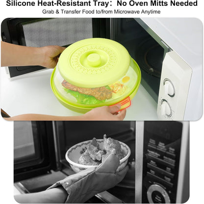 Microwave Splatter Cover for Food with Handle &Heat-Resistant Mat, 10.7" Collapsible Microwave Plate Cover - BPA Free, Dishwasher Safe Food Lid, Multi-Use Colander & Steamer for Meal Prep （Black）