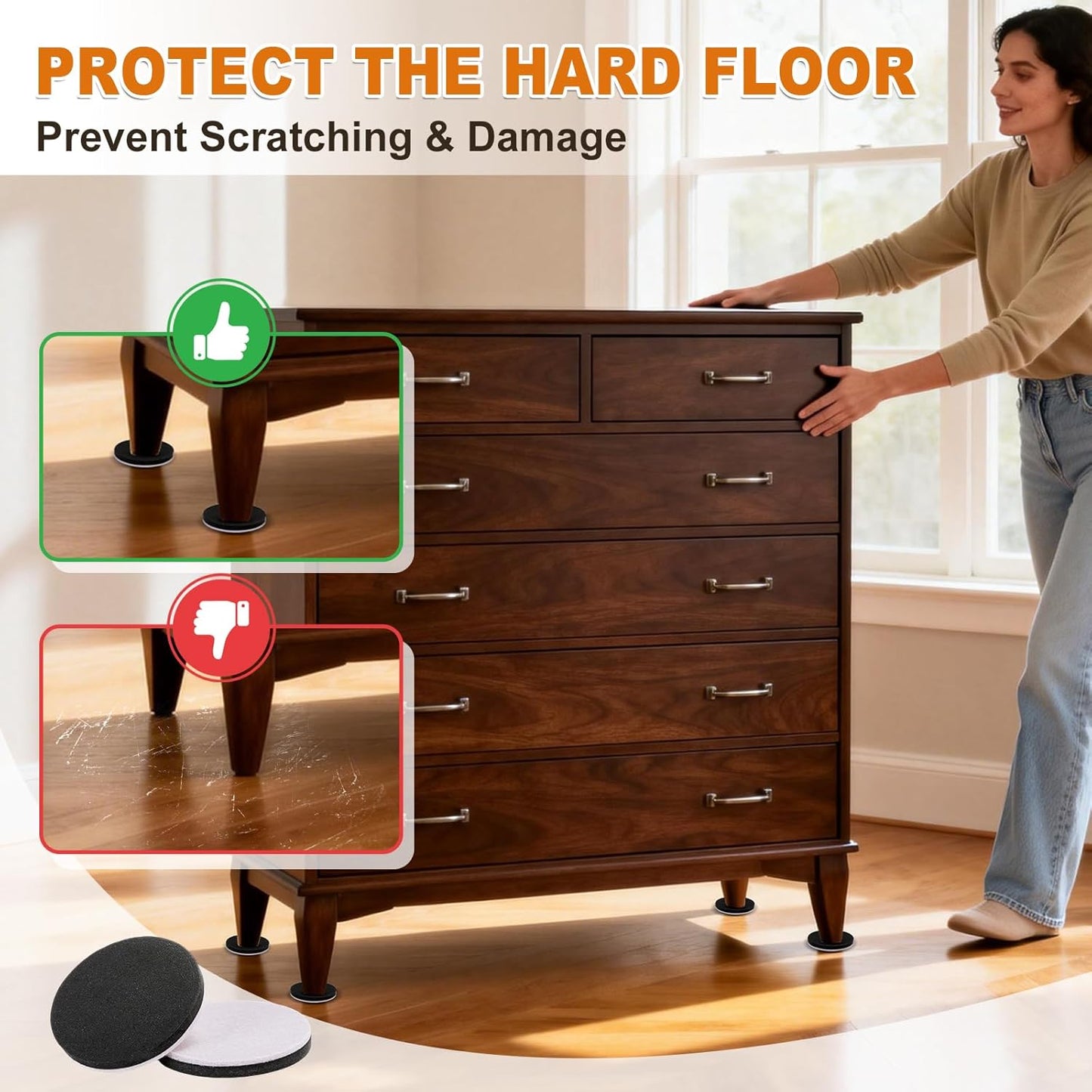 Felt Furniture Sliders for Hardwood Floors 24 PCS, 3 1/2" | Heavy Duty Furniture Movers for Hard Surfaces, Reusable Moving Pads for vinyl Tile Floors