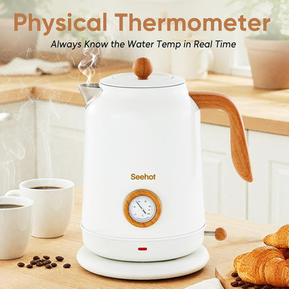 Seehot® Electric Kettle With Thermometer, 1.7L 1200W, Black | Auto shutoff, boil-dry protection,water-contact stainless steel, cordless base for coffee and tea