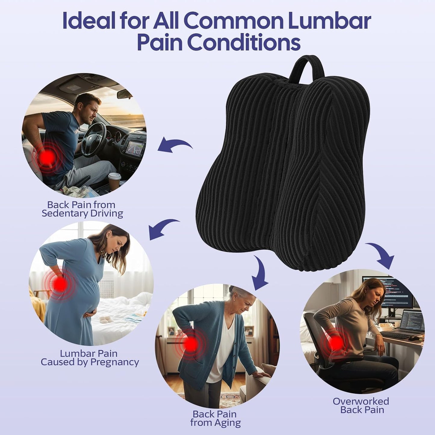 Lumbar Support Pillow for Couch, Back Support Pillow for Chair | Heart-Shape Back Cushion with Shredded Foam for Back Pain Relief & Reading, Lumbar Cushions for Recliner, Car, Black