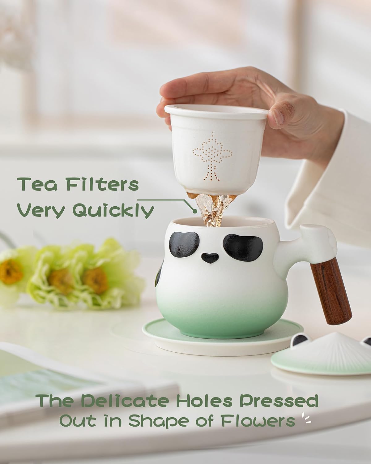 ZENS Tea Infuser Mug with Lid for Loose Leaf Tea Steeper, 11oz Panda | Embossed Ceramic Tea Infuser Mug with Fine Strainer for Herbal Tea Lovers Gifts, Nature Wood Handle