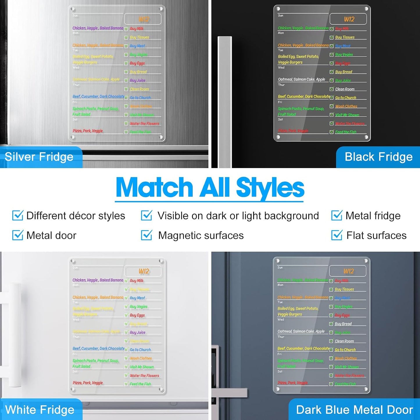 Acrylic Meal Planner Weekly Calendar Menu Board for Kitchen, w/ 8 Markers | Clear Weekly Fridge Calendar Planning Note Board Dry Erase to Do/Grocery/Shopping List/Chore Chart, 12.8x9’’