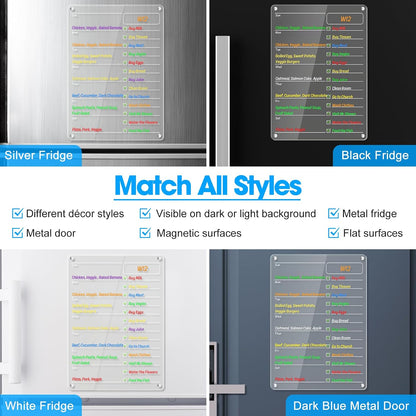 Acrylic Meal Planner Weekly Calendar Menu Board for Kitchen, w/ 8 Markers | Clear Weekly Fridge Calendar Planning Note Board Dry Erase to Do/Grocery/Shopping List/Chore Chart, 12.8x9’’