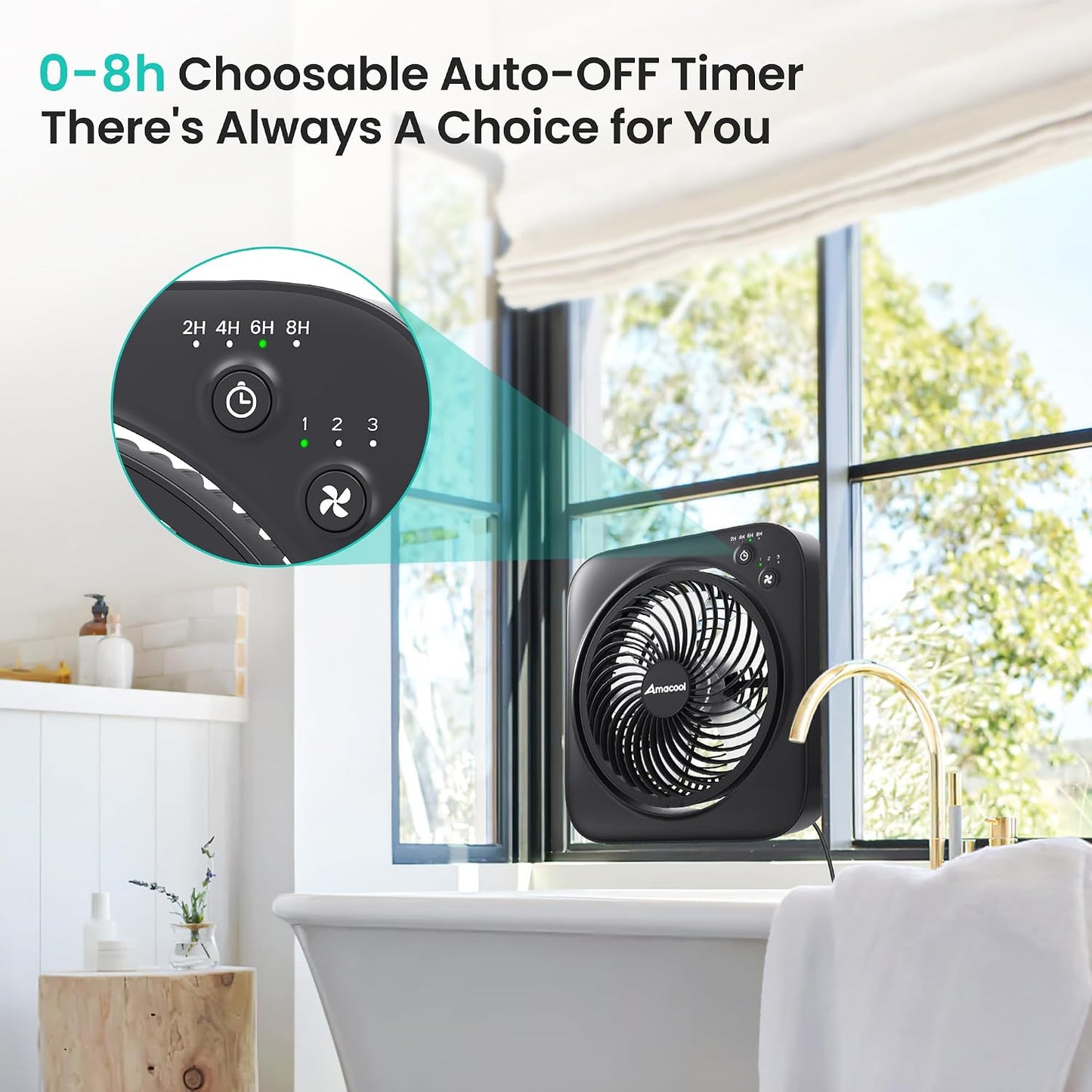AMACOOL Table Fan, 12 inch Box Fan with 3 Speeds & 8HRS Timer, 270° Pivoting Quiet Air Circulator, Desktop Fan for Bedroom Bathroom Kitchen Office, AC Adapter Included, Co-Branded with Cmyfato-Black
