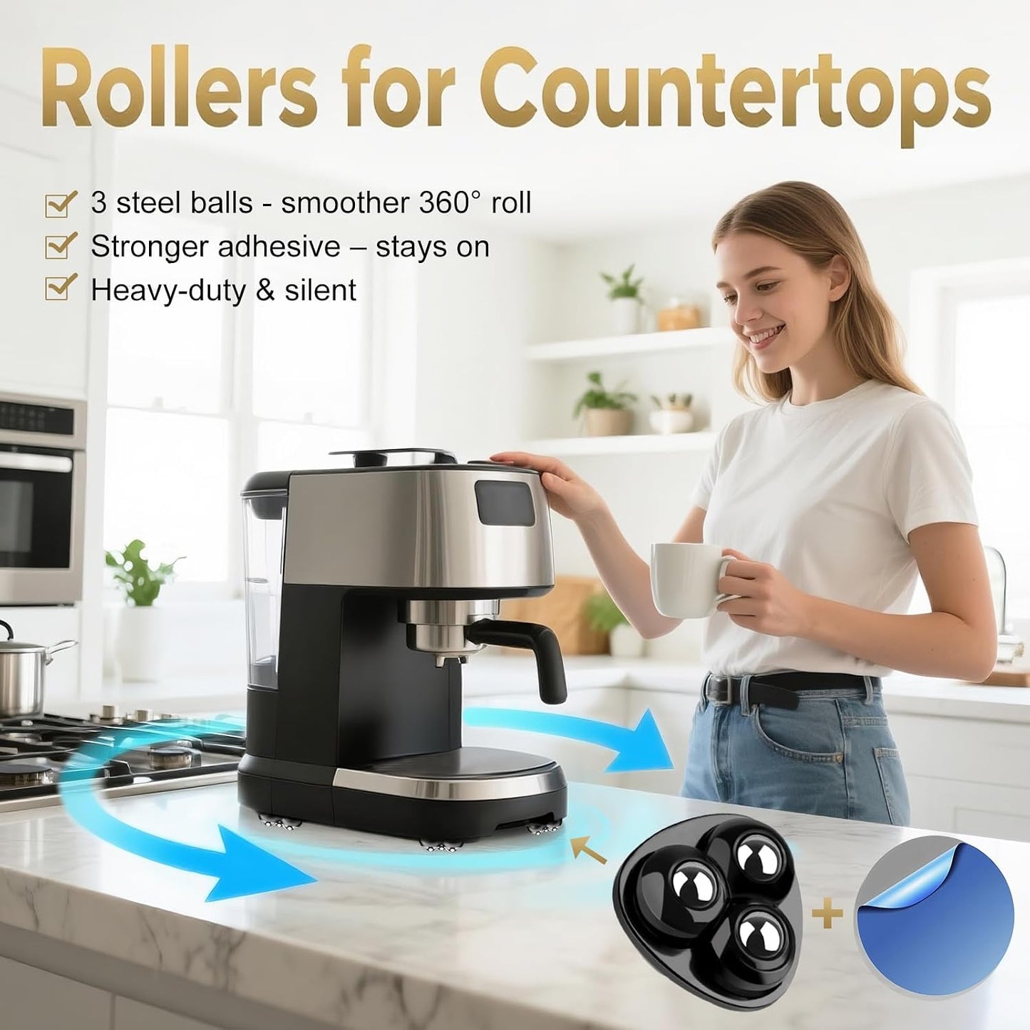 Self Adhesive Appliance Sliders 8 Pack Kitchen & Furniture Rollers | Move Small Appliances Easily 360° Glide No Tools Peel Stick 12lbs Per Wheel