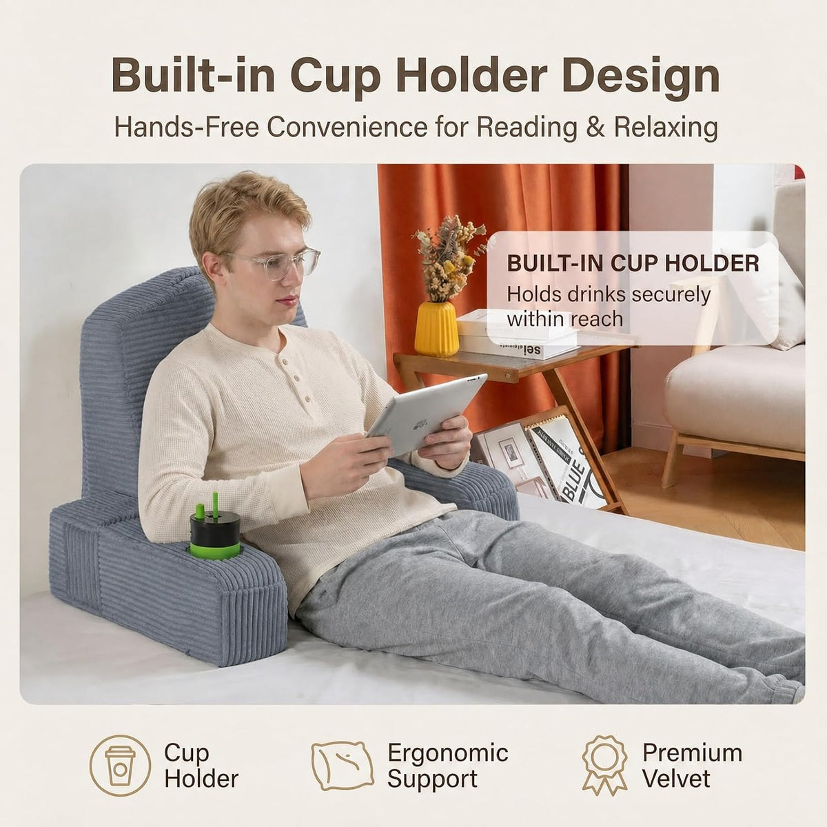21 INCH Reading Pillow for Adults, Back Pillow for Bed Sitting Up, Backrest Pillow for Sitting in Bed, Detachable Arms with Built-in Cup & Phone Caddy (Gray, 21 INCH)