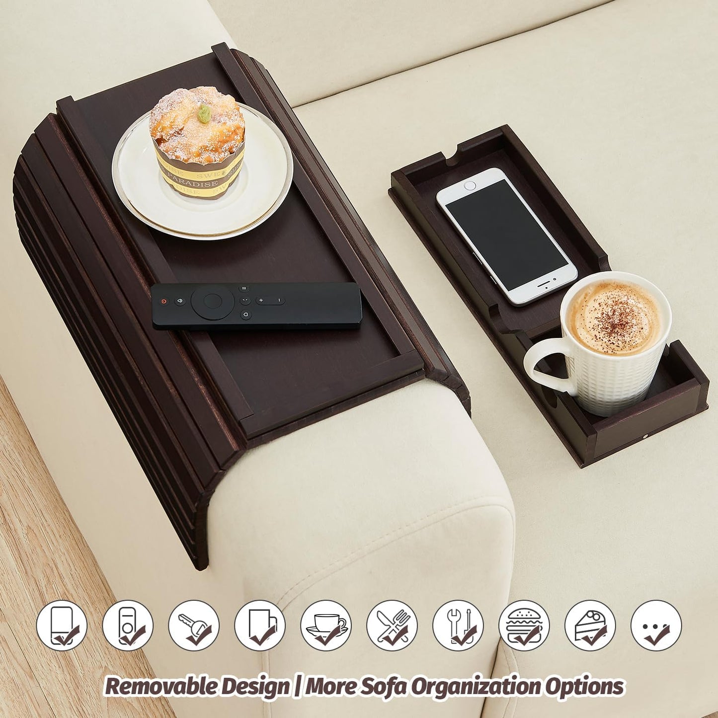 GEHE Couch Cup Holder, Anti Falling Sofa Arm Tray, Natural Bamboo Sofa Cup Holder More Safe for Your Family, Portable Couch Arm Tray Armrest Table for Remote, Snacks, Drinks