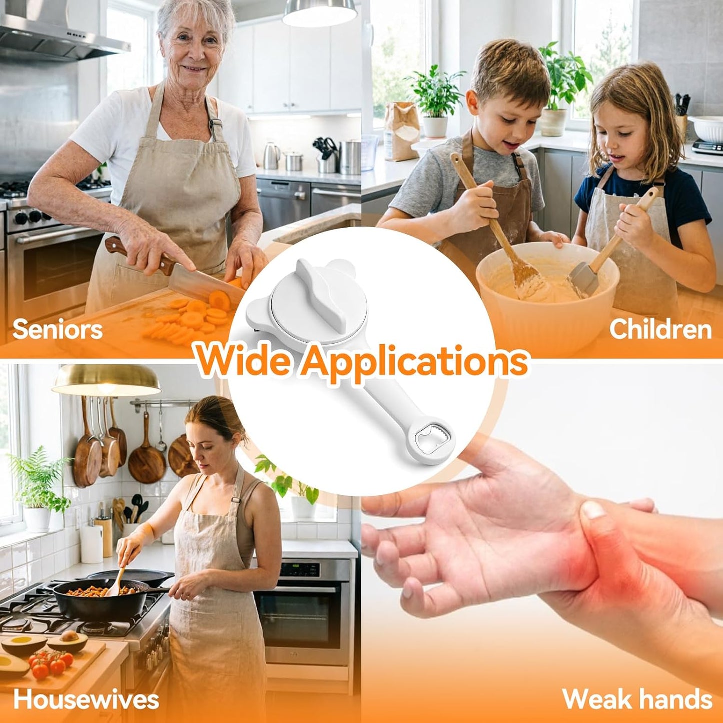 4-In-1 Jar Opener for Weak Hands & Seniors, Adjustable Fits Lid 0.98-3.54In | Effortlessly Opens Stubborn Screw Lids & Bottle Caps. White Jar Lid Opener, 3 Stainless Steel Claws, Kitchen Gifts For Women