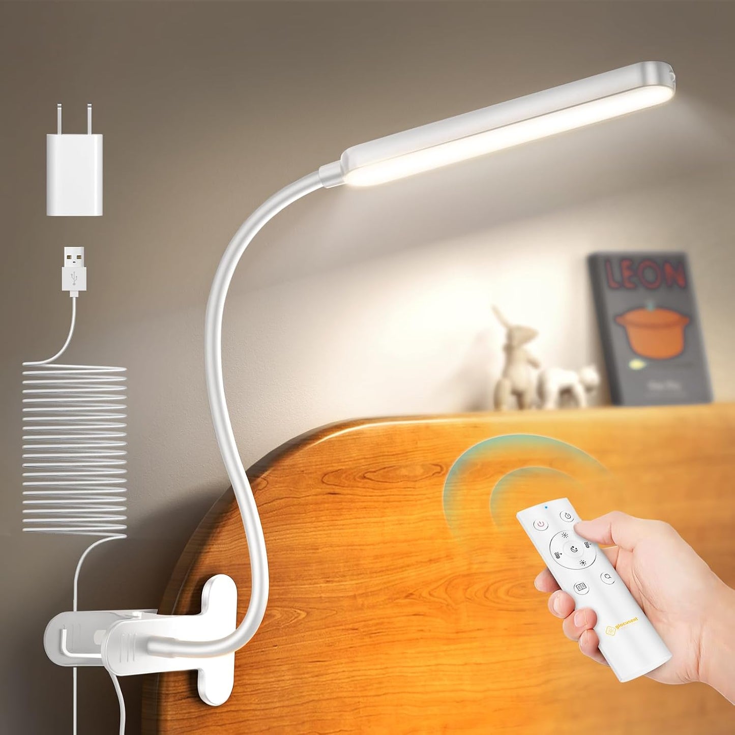 Glocusent Clip On Light, 5W Eye Caring Book Lights for Reading | 5 Color & 5 Brightness with a Remote, 30-Min Auto Off Timer, Multi-Purpose Clip Lamp for Bed Reading/Studying/Working
