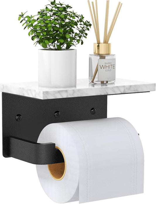 Gypie Toilet Paper Holder with Marble Shelf, Wall Mounted Matte Black | Toilet Roll Holder Black for Bathroom Washroom, Extended Base