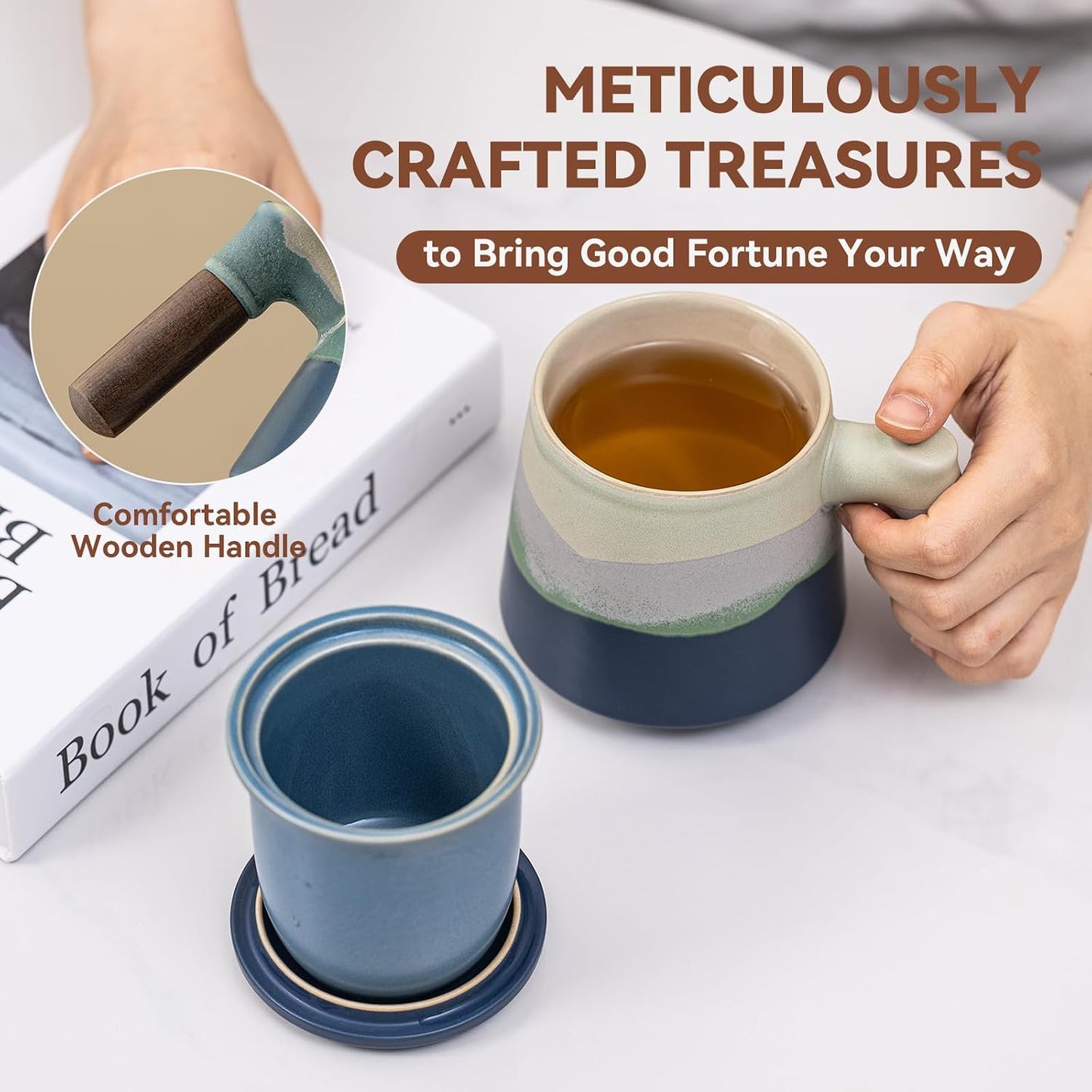 Ceramic Tea Mug with Infuser & Lid, 15oz Kiln-Transformed Unique Cup – Nature's Artisan Design, Loose Leaf Tea Cup with Infuser, Insulated Ceramic Coffee Mugs with Lid, Gift for Women/Men
