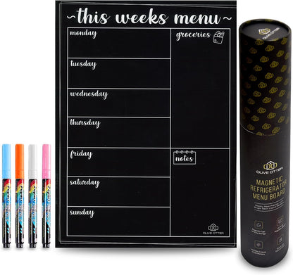 Magnetic Menu Board for The Fridge- Weekly Family Meal Planner with Bright Neon Liquid Markers- Perfect Weekly Planner, Magnetic Dry Erase Board for Meal Planning Grocery List Notes Do List- 12"x 16"
