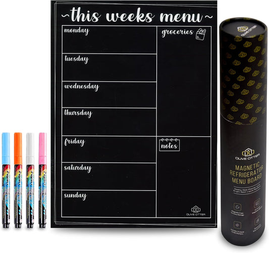 Magnetic Menu Board for The Fridge- Weekly Family Meal Planner with Bright Neon Liquid Markers- Perfect Weekly Planner, Magnetic Dry Erase Board for Meal Planning Grocery List Notes Do List- 12"x 16"