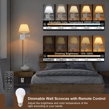 TRLIFE Wall Sconce Plug in, Dimmable Wall Sconces Set of Two Swing Arm Wall Lights with Plug in Cord and On/Off Dimmer Rotary Switch, 9.4" Medium Beige Fabric Shade(2 Pack, 2 Bulbs)