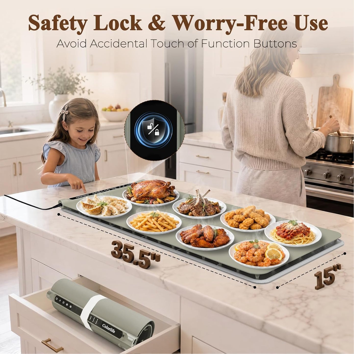 Warming Mat for Food, Electric Warming Tray with Heat-Resistant Pad-L Grey | Colorlife 6 Preset Modes, 7 Temps, 6H Timer, Child Lock, Auto-Memory, Rollable Silicone Food Warmer for Buffet, Parties