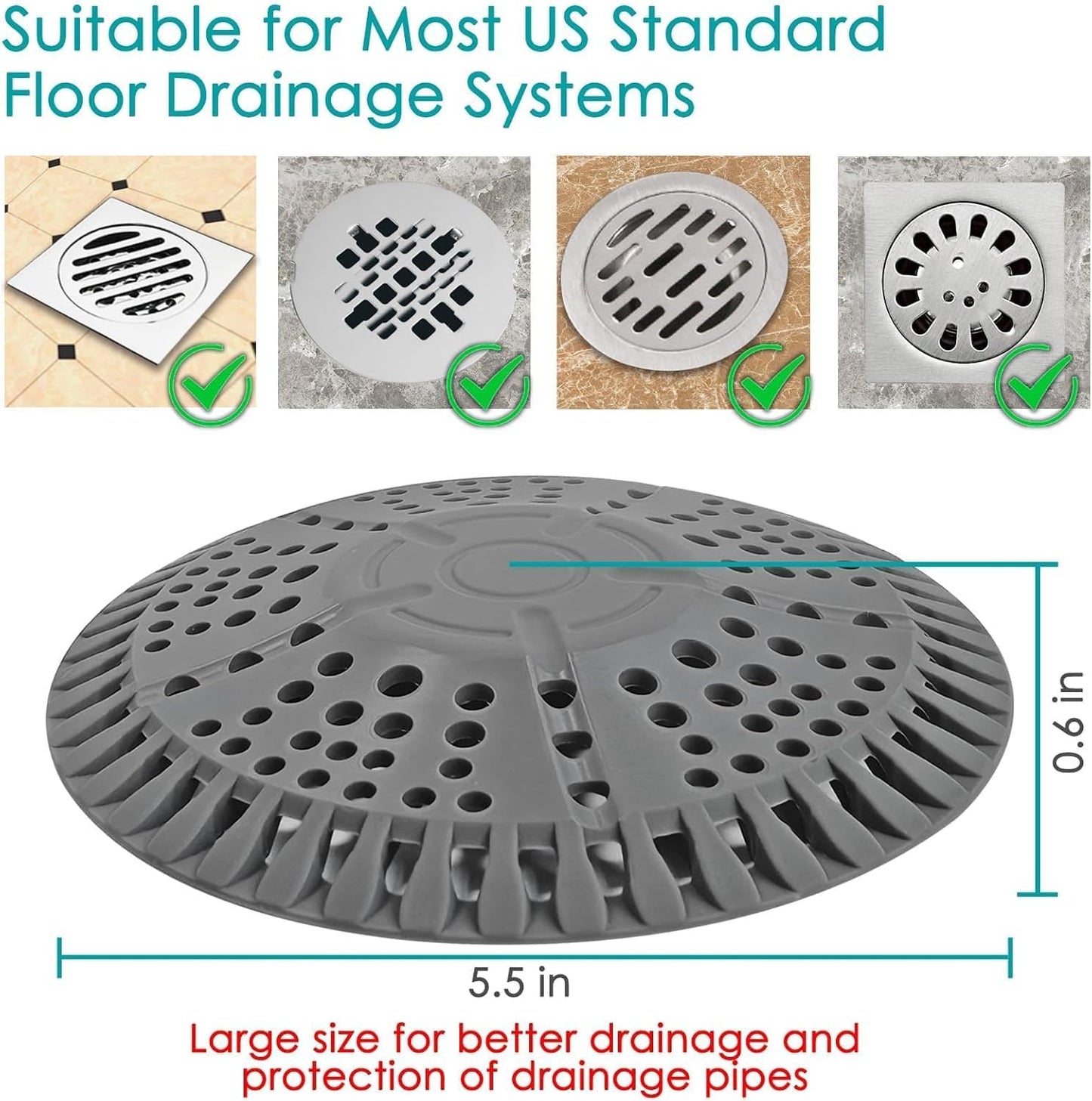 Shower Drain Hair Catcher, 5.5in Shower Hair Catcher Large Premium Silicone Drain Protector Strainer, Shower Drain Cover for Shower Room, Floor Drain, Bathroom Sink, Dark Grey