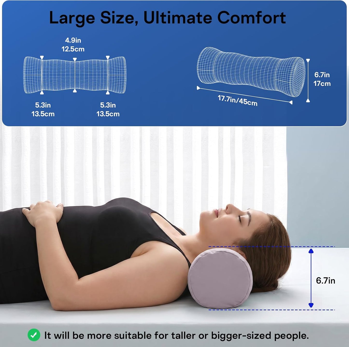 Neck Roll Pillow - Cooling Cover Round Neck Pillow for Sleeping - Memory Foam Cervical Support Pillow - Ergonomic Cylinder Pillows for Neck, Leg, Back, Yoga, Relaxing (Blue Grey)