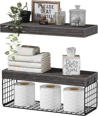 QEEIG Bathroom Shelves Over Toilet - Wall Mounted Floating Shelves Toilet Paper Storage Small Farmhouse Decor Shelf 16 inch Set of 3, Rustic Brown (019-BN3)