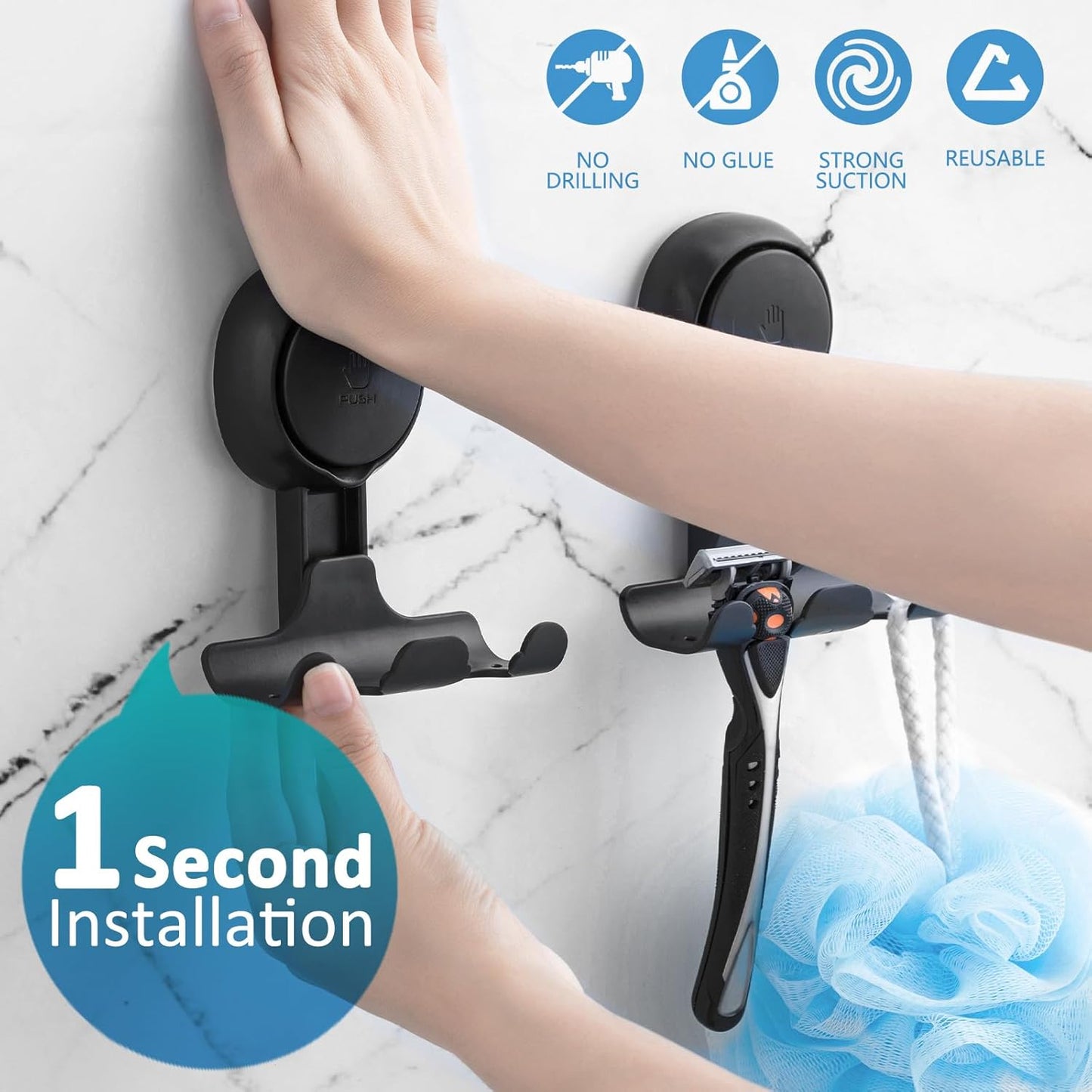 TAILI No Drill Powerful Suction Cup Razor Holder for Shower 2 Pack, Black | Waterproof, Towel, Loofah, Shaver Holder for Shower Wall, Powerful Suction Cup Hooks for Bathroom, Easy to Install and Reuse