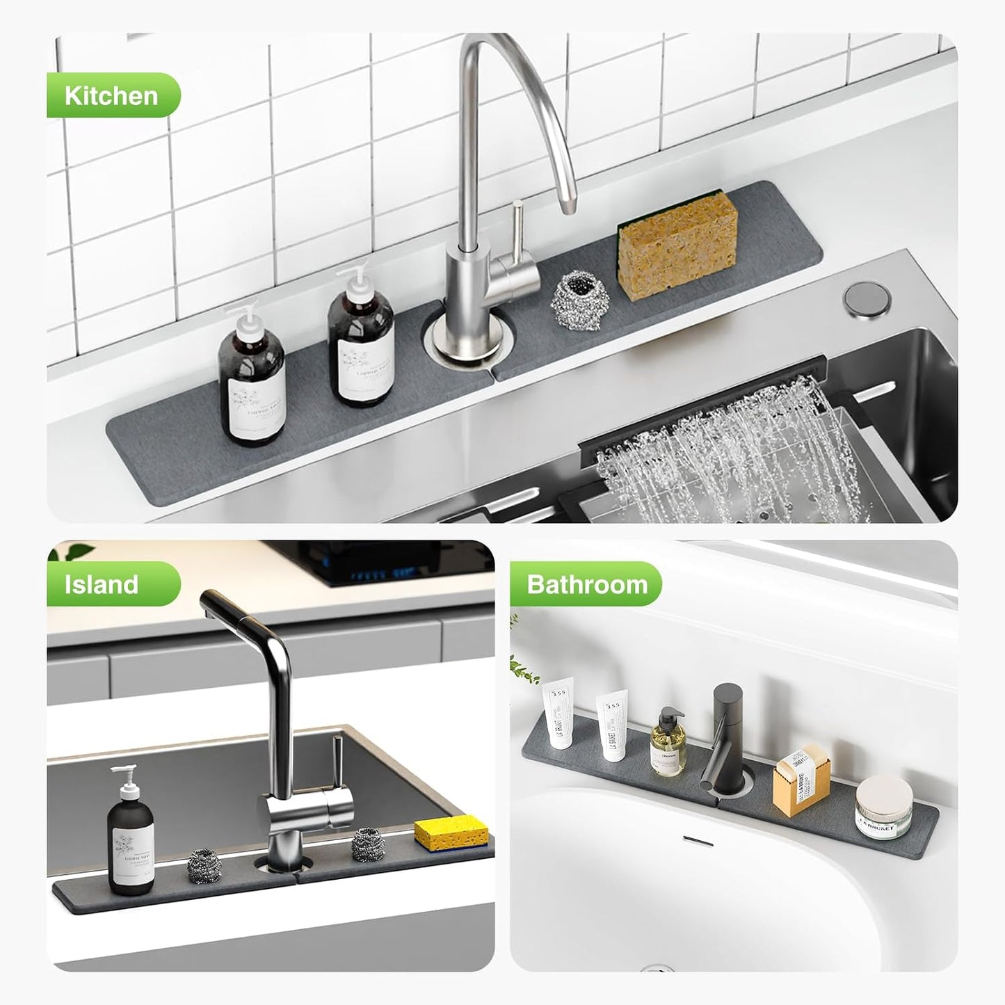Premium Stone Faucet Mat for Kitchen Sink, 30" x 4" White | Quick Drying & Water Absorbent, Sink Splash Guard Tray for Prevents Moisture Buildup