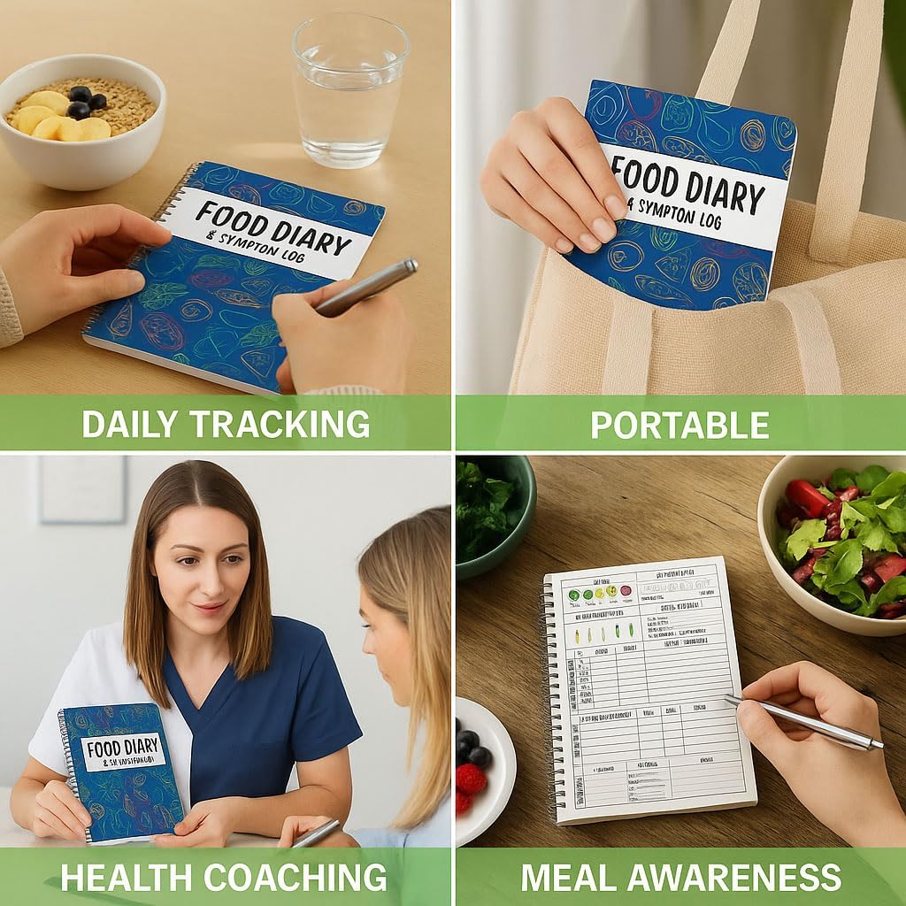Food Diary & Symptom Log Book – Daily Food Journal & Gut Health Tracker for IBS, Low FODMAP, Allergies & Intolerance – 2-Page Layout for Meals, Sleep, Mood, Bowel Movements, Fiber, Sugar & Blood Pressure – Keto, Paleo, Whole30, A5 Spiral Planner