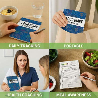 Food Diary & Symptom Log Book – Daily Food Journal & Gut Health Tracker for IBS, Low FODMAP, Allergies & Intolerance – 2-Page Layout for Meals, Sleep, Mood, Bowel Movements, Fiber, Sugar & Blood Pressure – Keto, Paleo, Whole30, A5 Spiral Planner