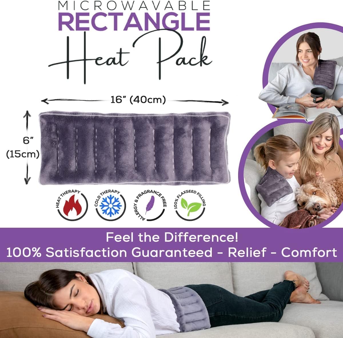 Purple Moon Collection - Microwavable Heating Pad for Neck & Shoulders - 6x16 in, Blue - Flaxseed Heat Pack - Weighted Hot & Cold Therapy Compress Wrap for Pain Relief, Menstrual Cramps, Sore Muscles