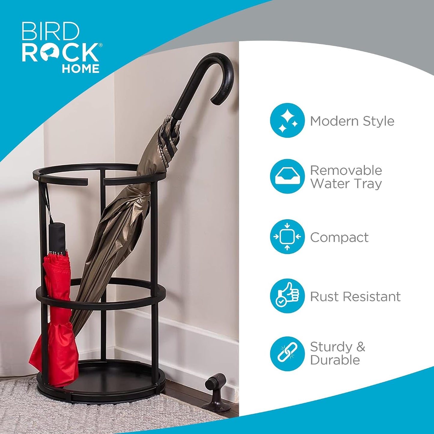 BIRDROCK HOME Decorative Umbrella Stand with Removable Water Tray - Large Freestanding Umbrella Rack and Cane Walking Stick Organizer - Metal Umbrella Holder for Entryway & Indoor Use - Black, Striped | Decorative Large Freestanding Rack and Cane Walking
