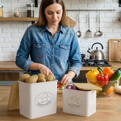 Lifewit Plastic Potato and Onion Storage Bin Box, Set of 3, White | Stackable Garlic Keeper, Vegetable Container Box, Aerating Holes & Lid for Pantry Countertop