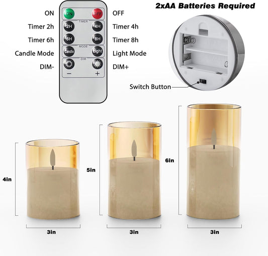 Battery Operated Flameless Candles with Remote & Timer, Gold Glass 3Pack