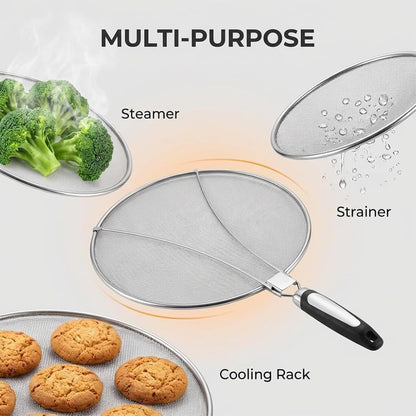 11 Inch Stainless Steel Grease Splatter Screen, Fine Mesh Splash Guard with Adjustable Non Slip Handle, Oil Splash Cover for Frying Pan Skillet Cooking Pot