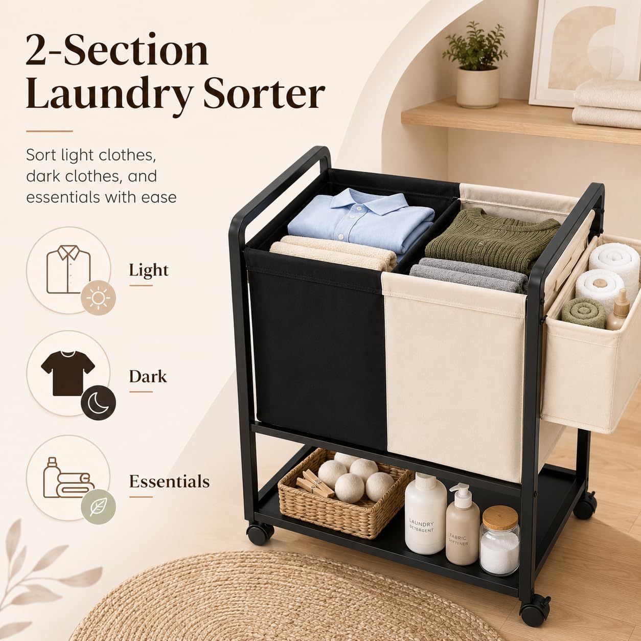 Rolling Laundry Sorter Cart with 2 Removable Bags, Double Laundry Hamper with Wheels, Side Storage Basket and Bottom Shelf, Black and Beige