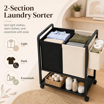 Rolling Laundry Sorter Cart with 2 Removable Bags, Double Laundry Hamper with Wheels, Side Storage Basket and Bottom Shelf, Black and Beige