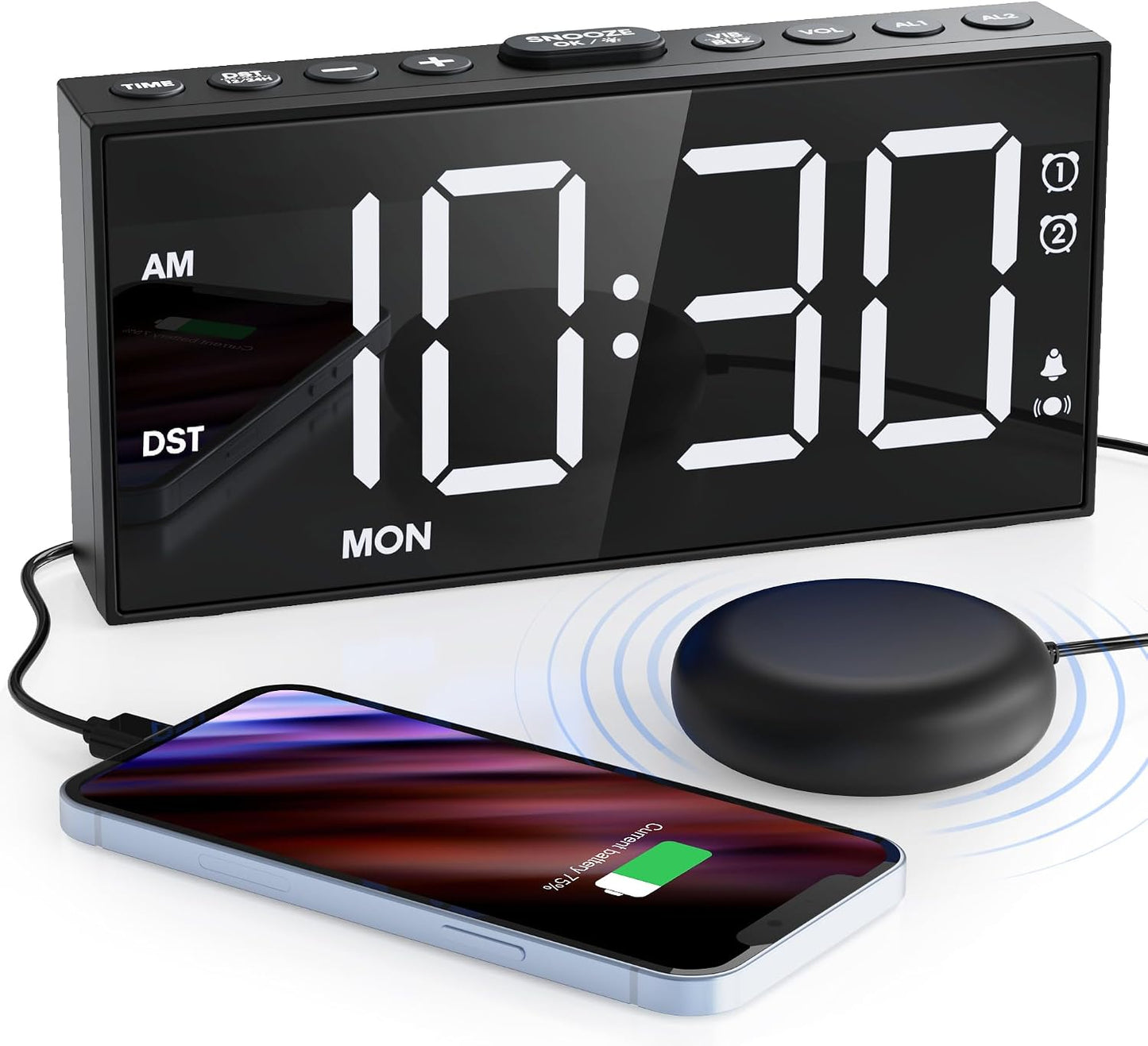 Mesqool Loud Alarm Clock with Bed Shaker & Dual Alarms, USB Port | Extra Loud Vibration Alarm Designed for Heavy Sleepers & Hearing Impaired. 5-level Dimmer, Battery Backup, Snooze & DST.