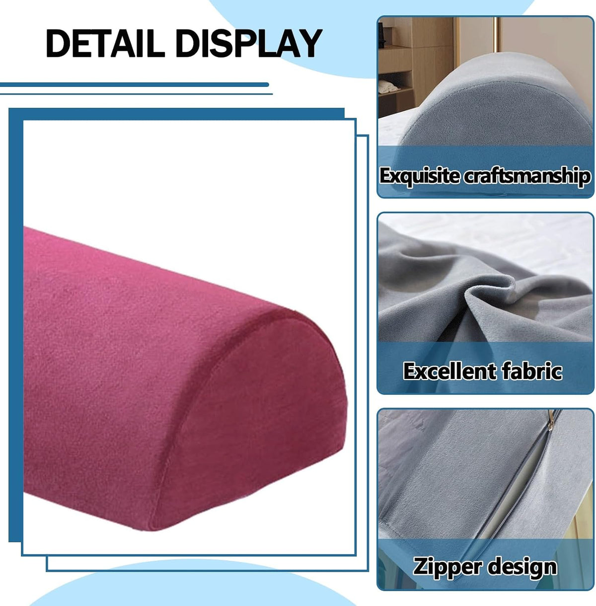 Half Moon Bolster Pillow for Legs, Knees, Lower Back and Head, Lumbar Support Pillow for Bed, Sleeping | Semi Roll for Ankle and Foot Comfort - Machine Washable Cover(@10,42x18x10cm/16.5x7x4in)