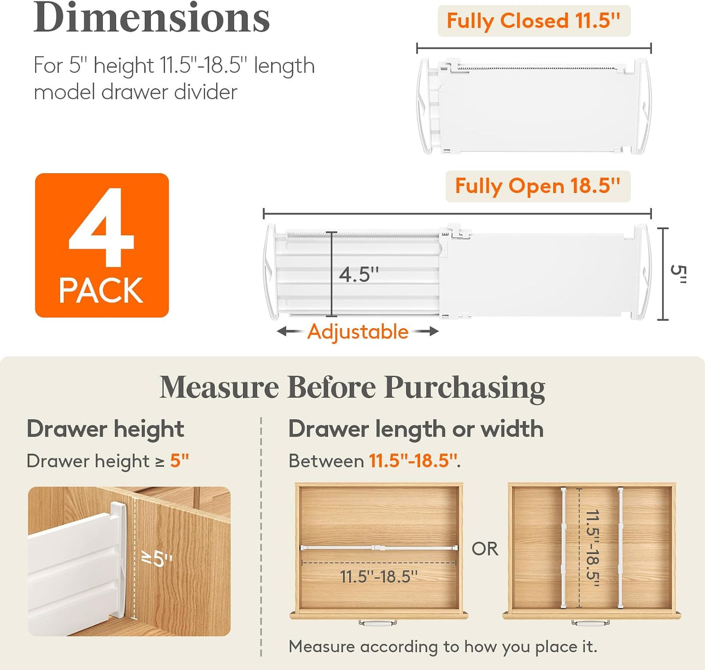 Lifewit 9 Pack 4" High Drawer Dividers, Adjustable Drawer Organizer Clothes | 10.5"-16.5" Expandable White Plastic Separators for Dresser, Kitchen, Cabinet, Nursery, Office, Socks & Underwear Storage