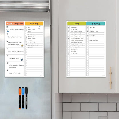 Non-Magnetic Dry Erase Calendar Set for Fridge - Reusable Monthly and Weekly Calendar Sticks to Most Smooth Surfaces - 6 Dry Erase Markers Included - Shipped Flat