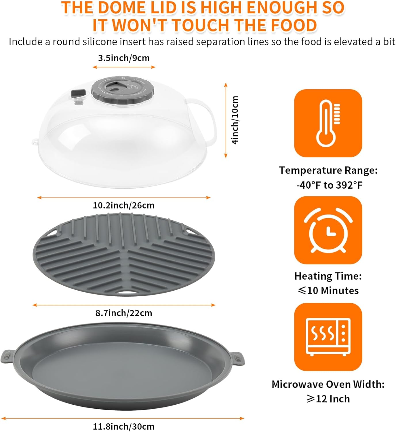 Microwave Splatter Cover Lid for Food 10.2 Inch with Water Steamer, Clear Microwave Splash Guard Cooker Lid with Plate, Dish Bowl Plate Serving Cover Cookware High Transparent Plastic Black