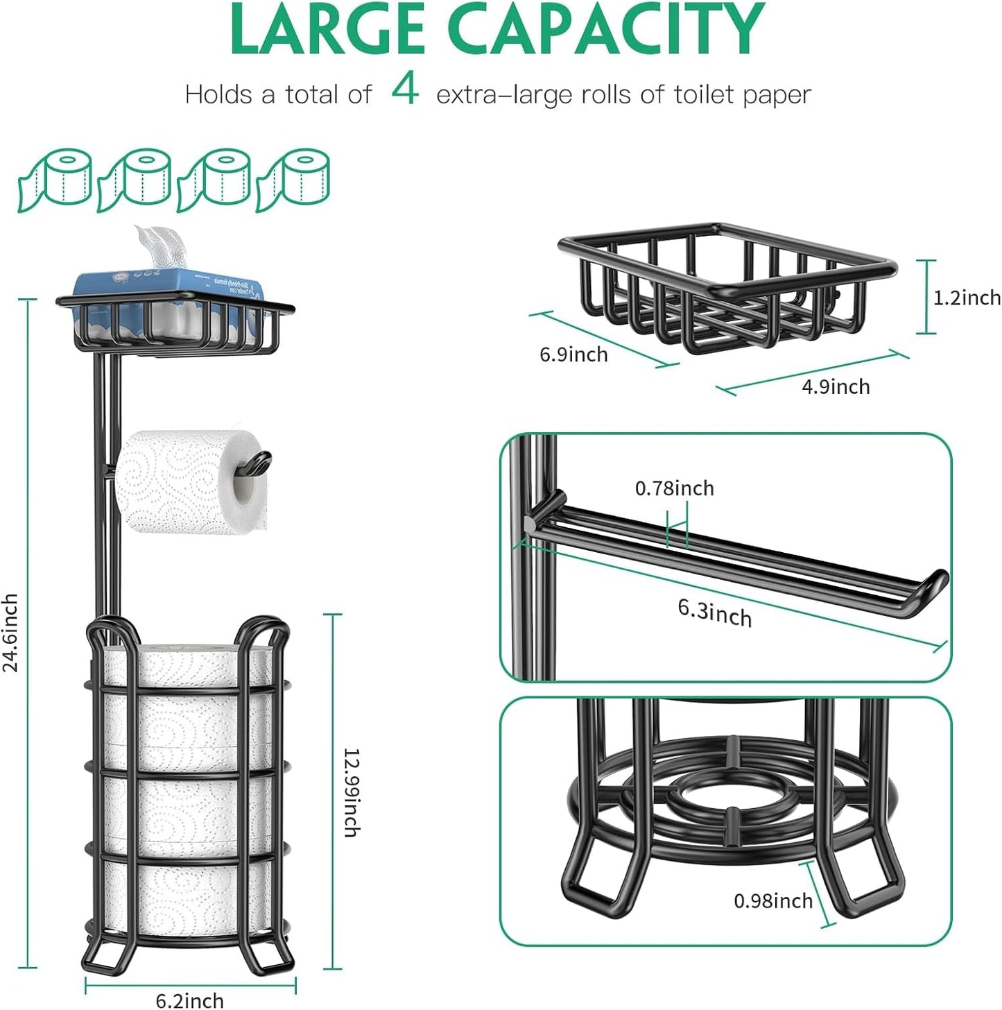 TomCare Toilet Paper Holder Free Standing with Shelf, Stable 4 Raised Feet | Stores 4 Mega Rolls, Tool-Free Assembly, Powder-Coated Metal Frame, Bathroom Storage Organizer for Spare Rolls, Silver