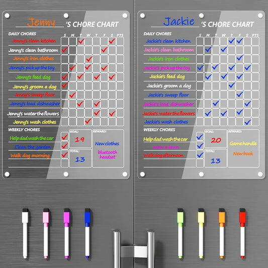2 Pcs Metal-Adhering Chore Chart, Clear Acrylic Dry Erase Boards with 16 Markers, Family Weekly Task Planning for Refrigerator and Kitchen Schedule