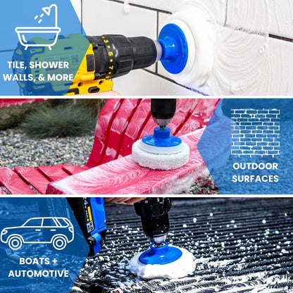 7 Pack Drill Brush Set for Deep Cleaning, Scratch Resistant, Bathroom, Oven, Countertops, Sinks, Soap Scum, Tile, Boats, Patio Furniture & More | 6 reusable non-scratch white nylon pads for showers, tubs, tile, grout, sinks and counters; fits drills and