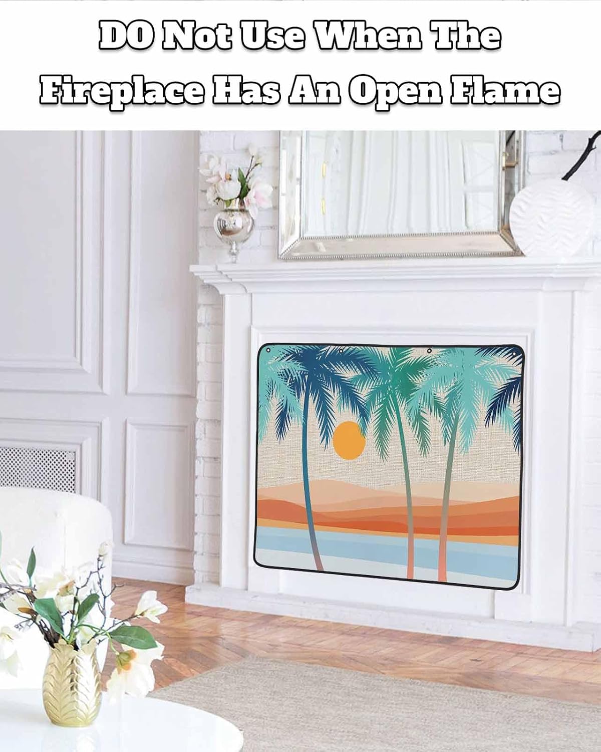 Magnetic Fireplace Cover Boho Summer Beach Fireplace Screen Decorative Mount Coconut Tree Bohemian Insulation Fireplaces Blocker Save Energy Fireplaces Draft Stopper Covers for Living Room 45x34