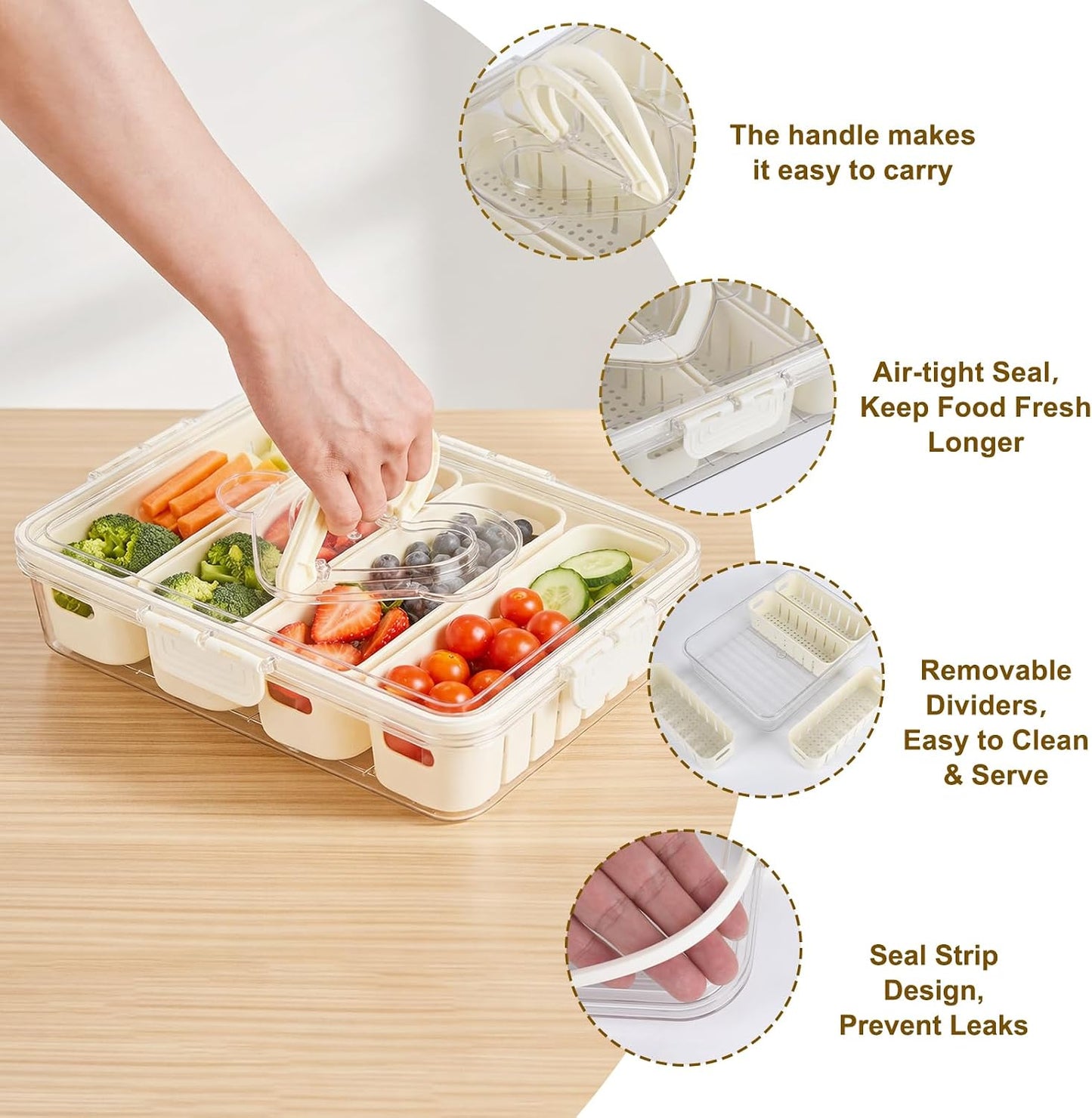 Salad Bar Containers for Fridge, Salad Storage Container with Handle and 4 Removable Colanders, Salad Prep Containers for Fridge, Vegetable Tray with Lid for Fruit Refrigerator Kitchen