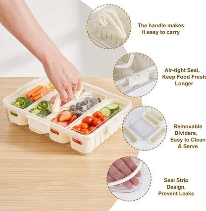 Salad Bar Containers for Fridge, Salad Storage Container with Handle and 4 Removable Colanders, Salad Prep Containers for Fridge, Vegetable Tray with Lid for Fruit Refrigerator Kitchen