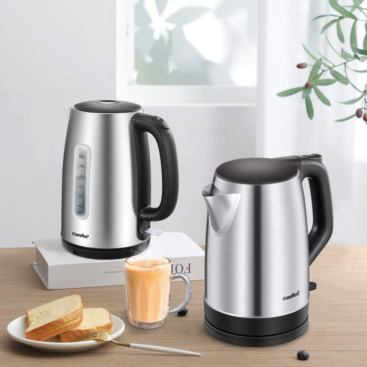 COMFEE Electric Kettle, 1.7L, Auto Shut-Off, 1500W, Black, stainless steel
